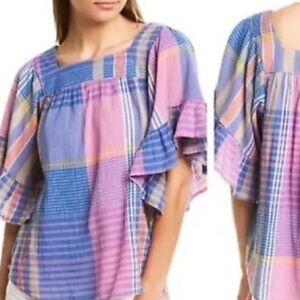 NWT beachlunchlounge Multicolor Plaid Ruffle Blouse XS